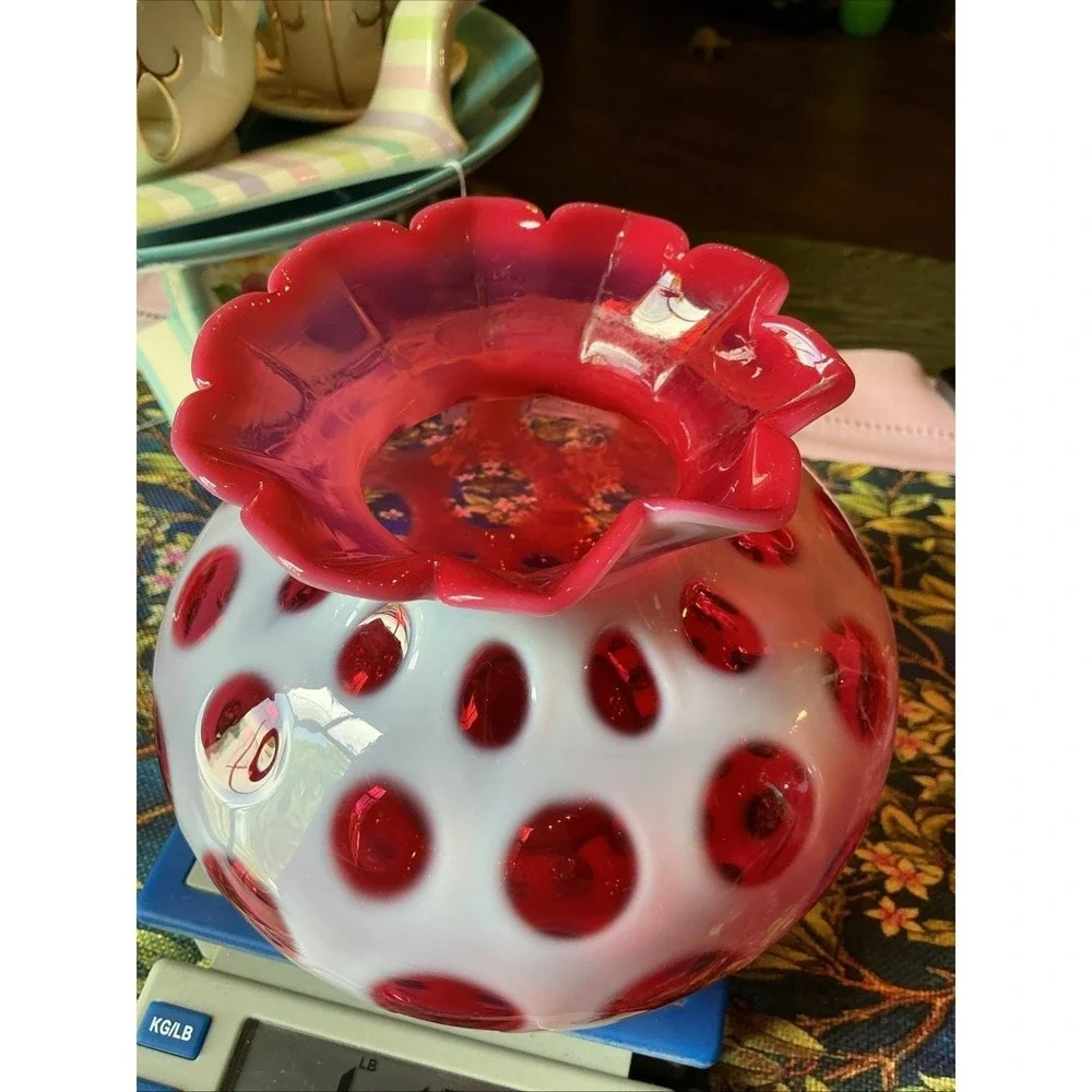 Vintage FENTON MCM Cranberry Opalescent Coin‎ Dot Art Glass Vase 6.5